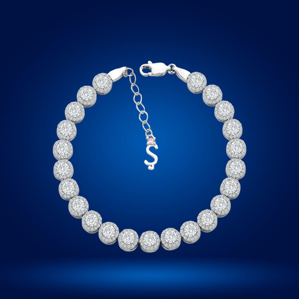 925 Ayar Gümüş 4 MM Pırlanta Taşlı Zincir Harfli Su Yolu Bileklik Ş