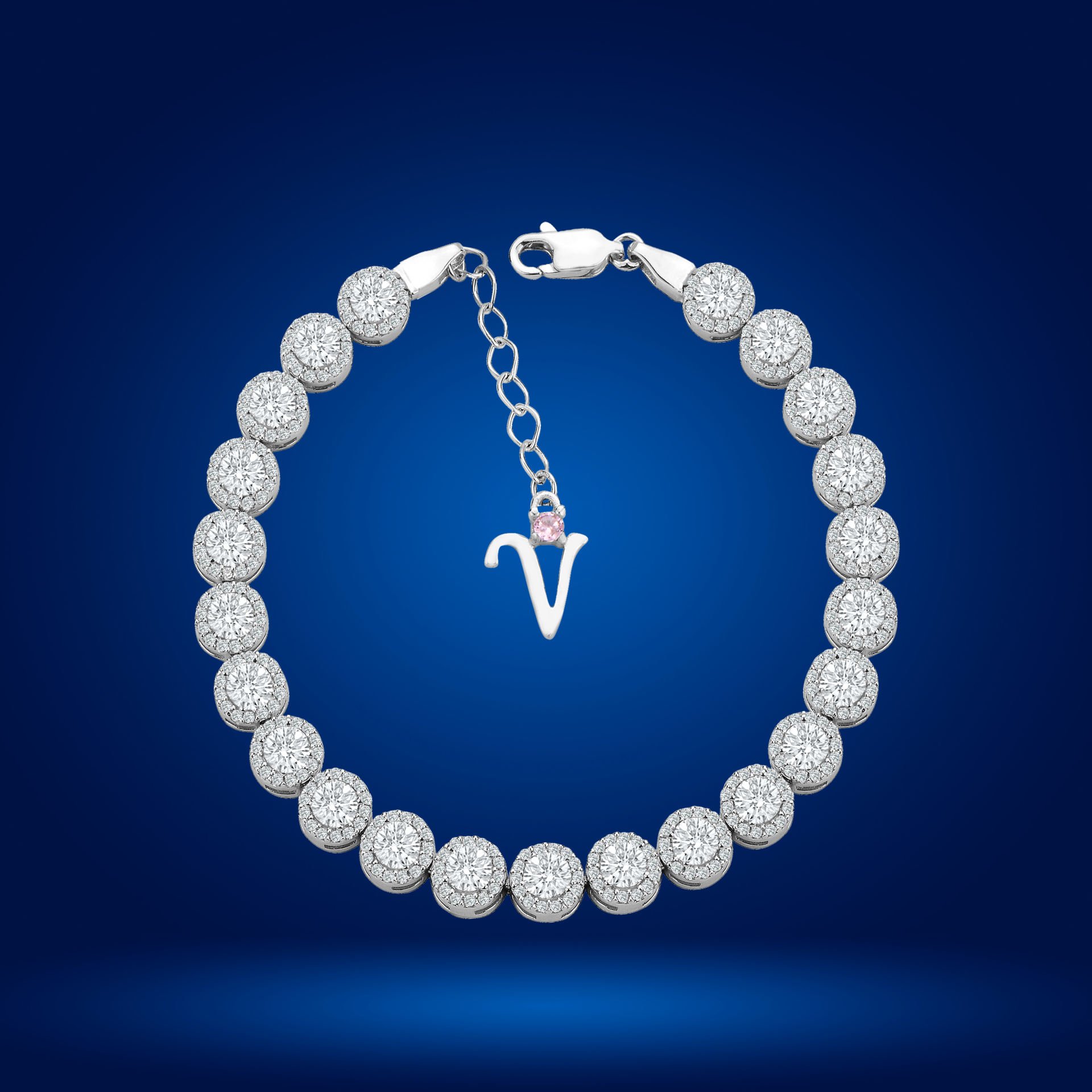 925 Ayar Gümüş 4 MM Pırlanta Taşlı Zincir Harfli Su Yolu Bileklik V