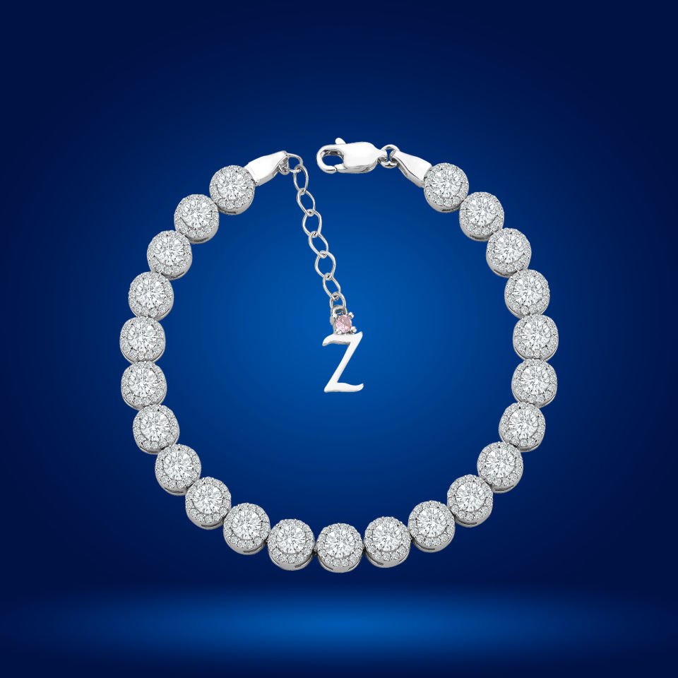 925 Ayar Gümüş 4 MM Pırlanta Taşlı Zincir Harfli Su Yolu Bileklik Z