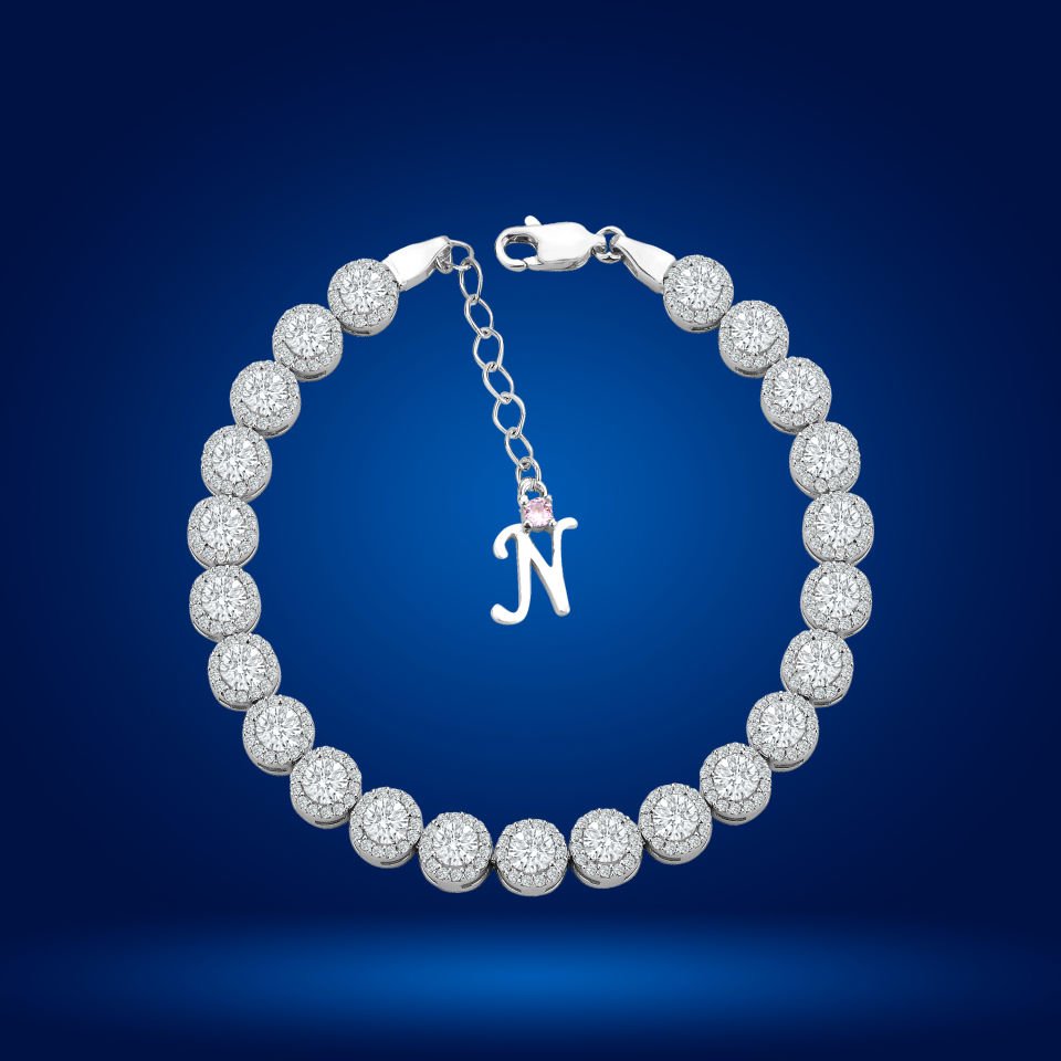 925 Ayar Gümüş 4 MM Pırlanta Taşlı Zincir Harfli Su Yolu Bileklik N