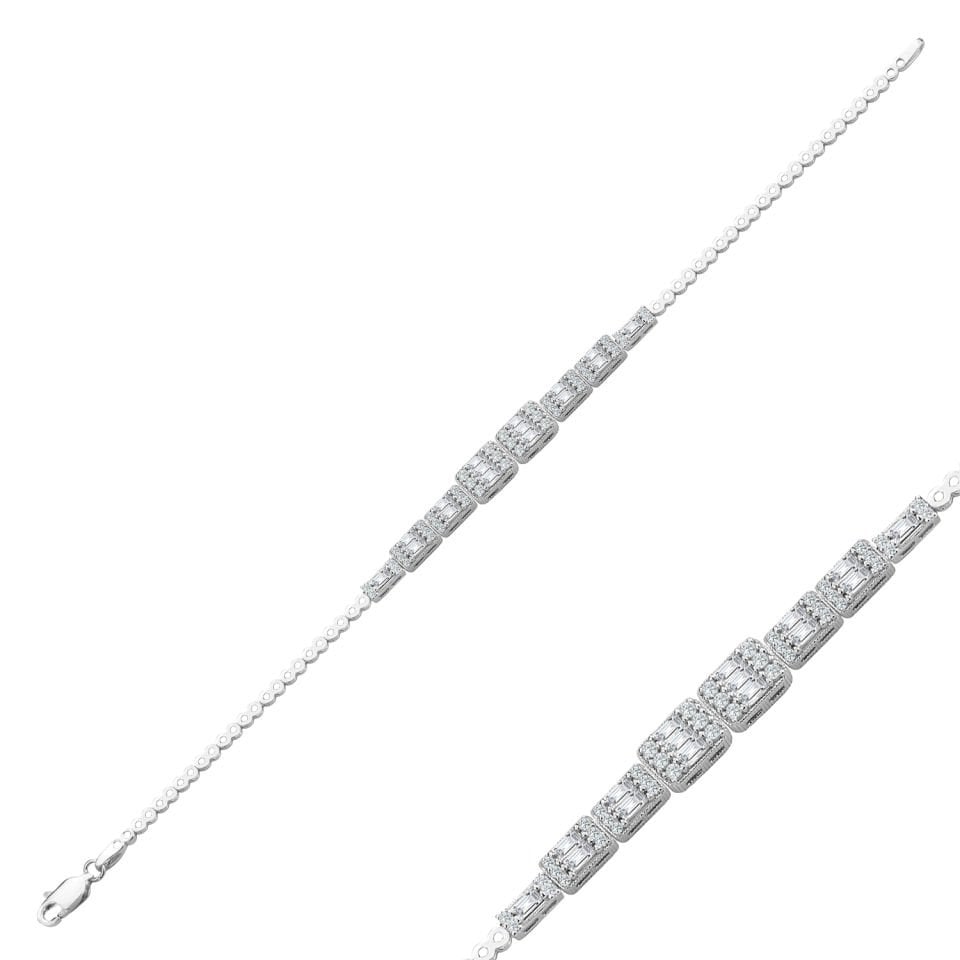 925 Ayar Gümüş Baget Taşlı Zincir Harfli Su Yolu Bileklik