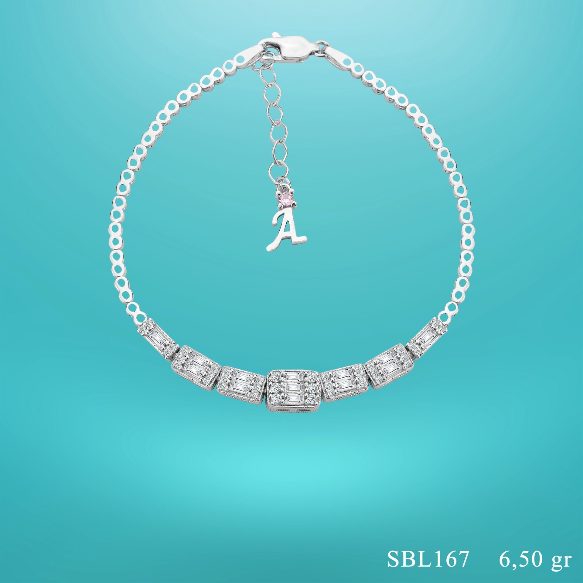 925 Ayar Gümüş Baget Taşlı Zincir Harfli Su Yolu Bileklik