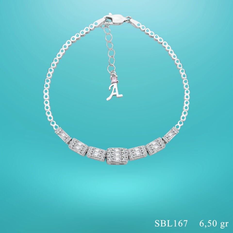 925 Ayar Gümüş Baget Taşlı Zincir Harfli Su Yolu Bileklik