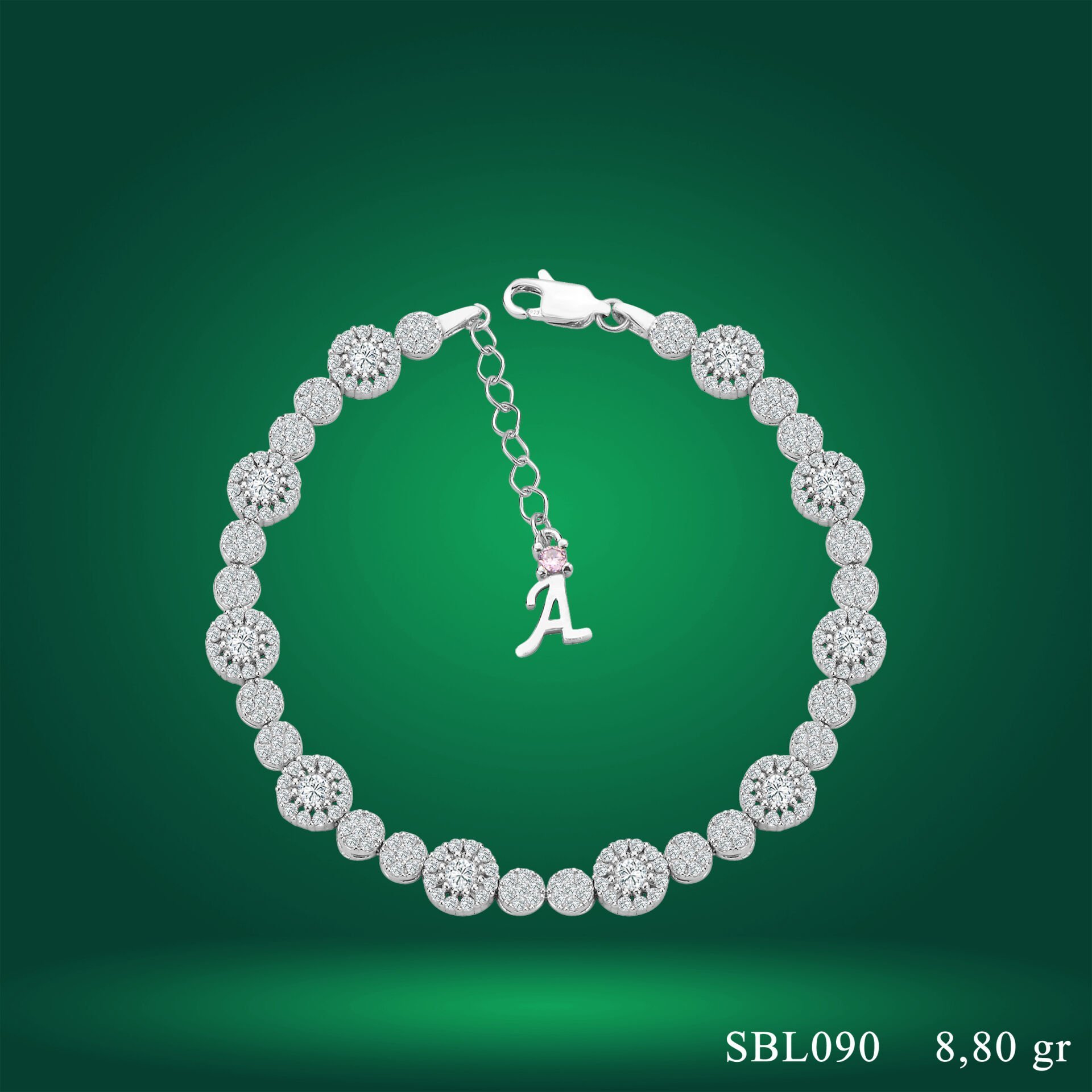 925 Ayar Gümüş Pırlanta Taşlı Zincir Harfli Su Yolu Bileklik