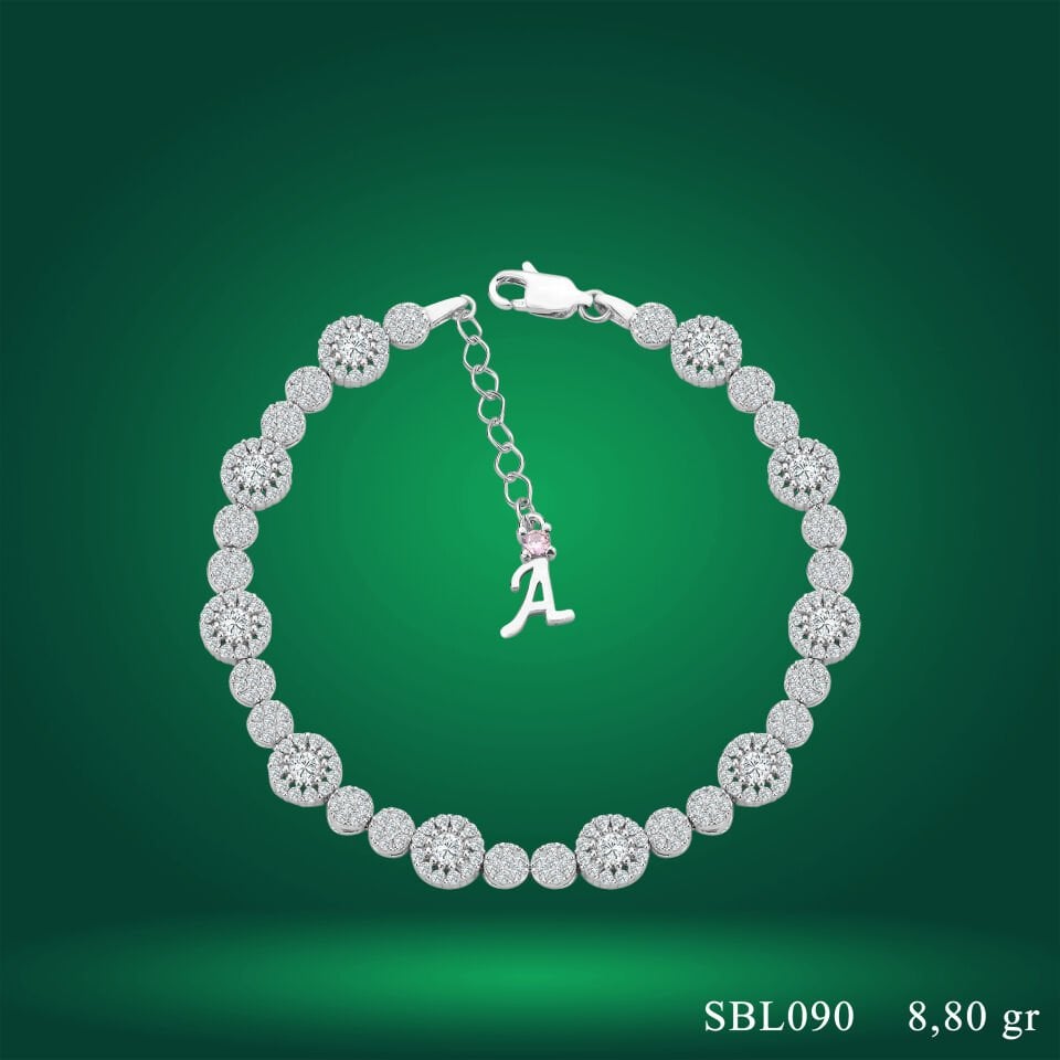 925 Ayar Gümüş Pırlanta Taşlı Zincir Harfli Su Yolu Bileklik