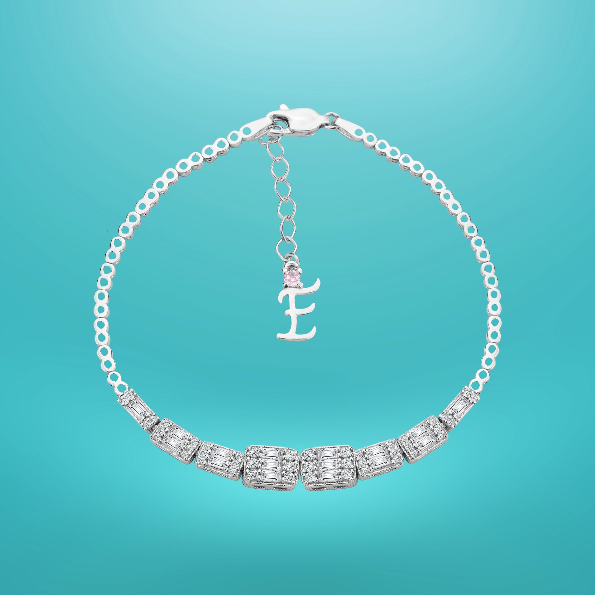 925 Ayar Gümüş Baget Taşlı Zincir Harfli Su Yolu Bileklik E