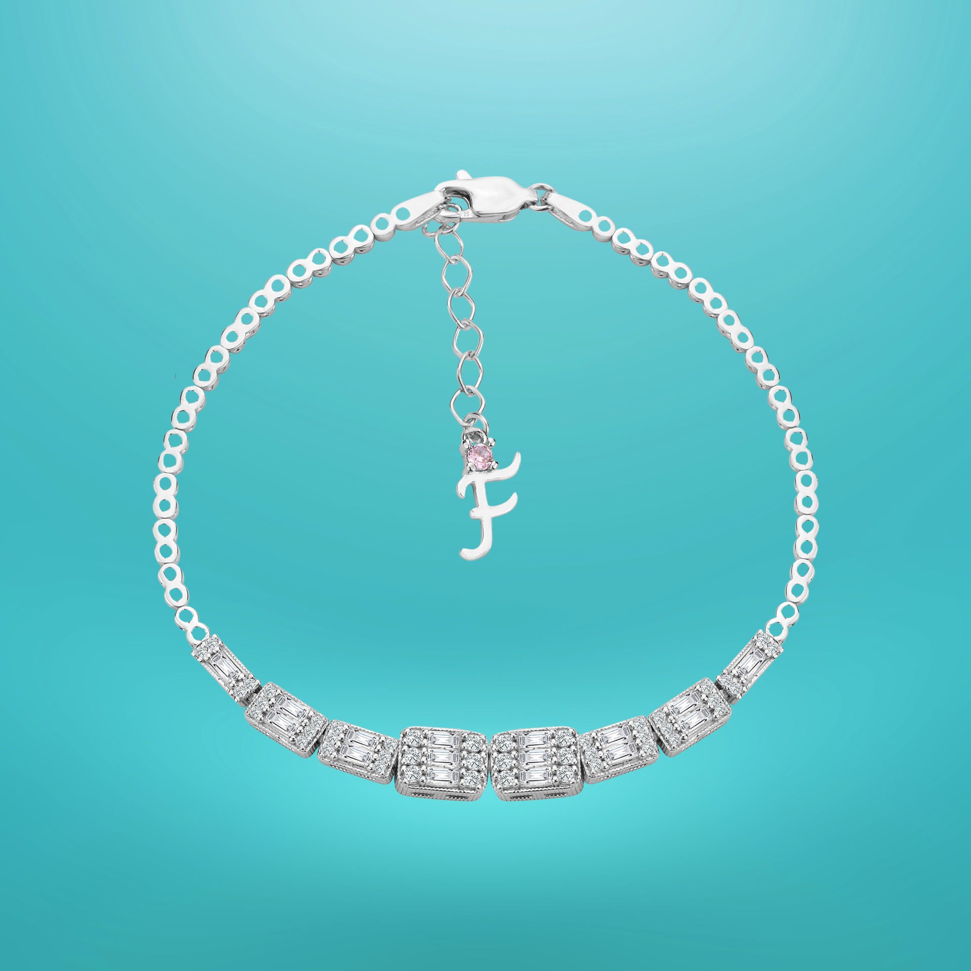 925 Ayar Gümüş Baget Taşlı Zincir Harfli Su Yolu Bileklik F