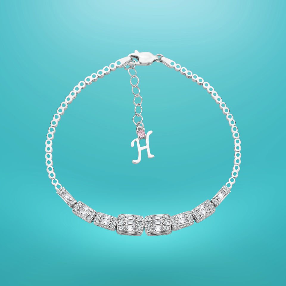 925 Ayar Gümüş Baget Taşlı Zincir Harfli Su Yolu Bileklik H