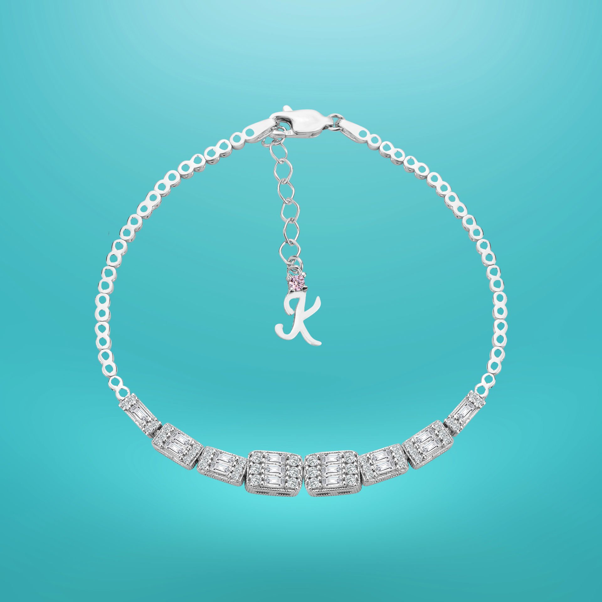 925 Ayar Gümüş Baget Taşlı Zincir Harfli Su Yolu Bileklik K