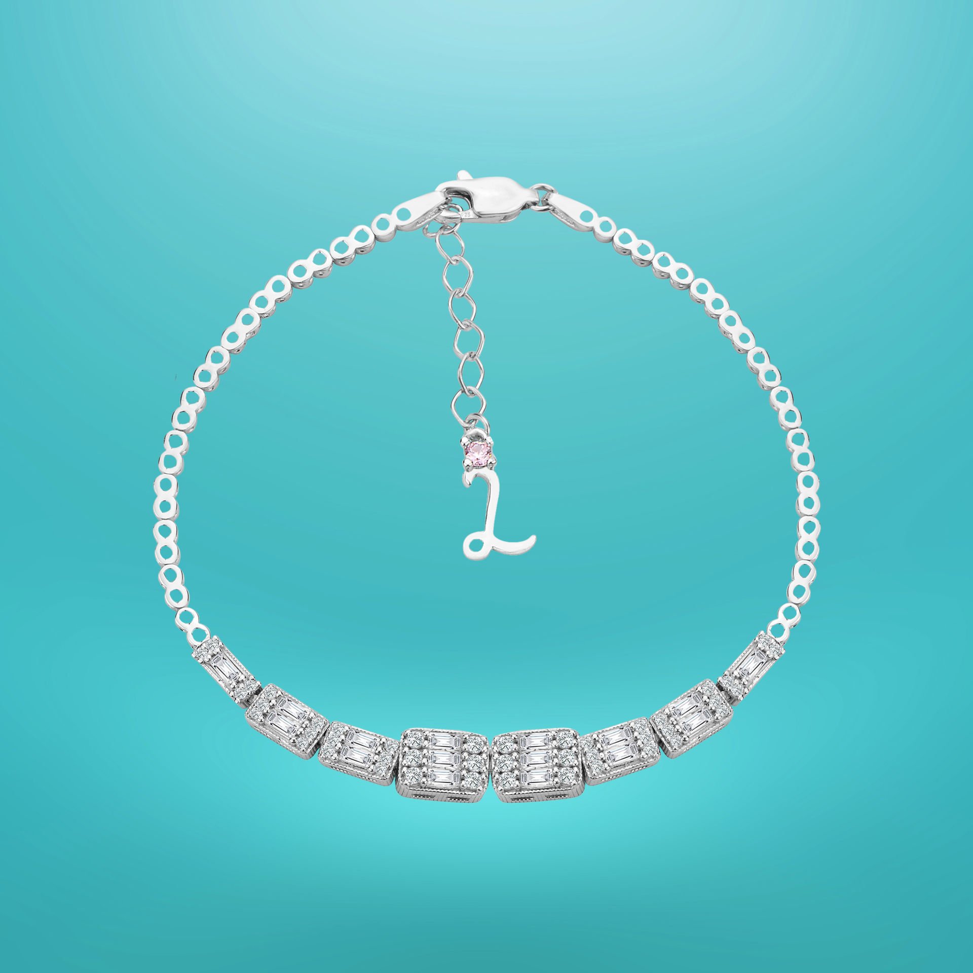 925 Ayar Gümüş Baget Taşlı Zincir Harfli Su Yolu Bileklik L