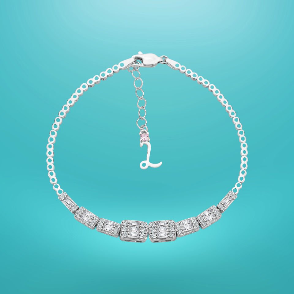 925 Ayar Gümüş Baget Taşlı Zincir Harfli Su Yolu Bileklik L