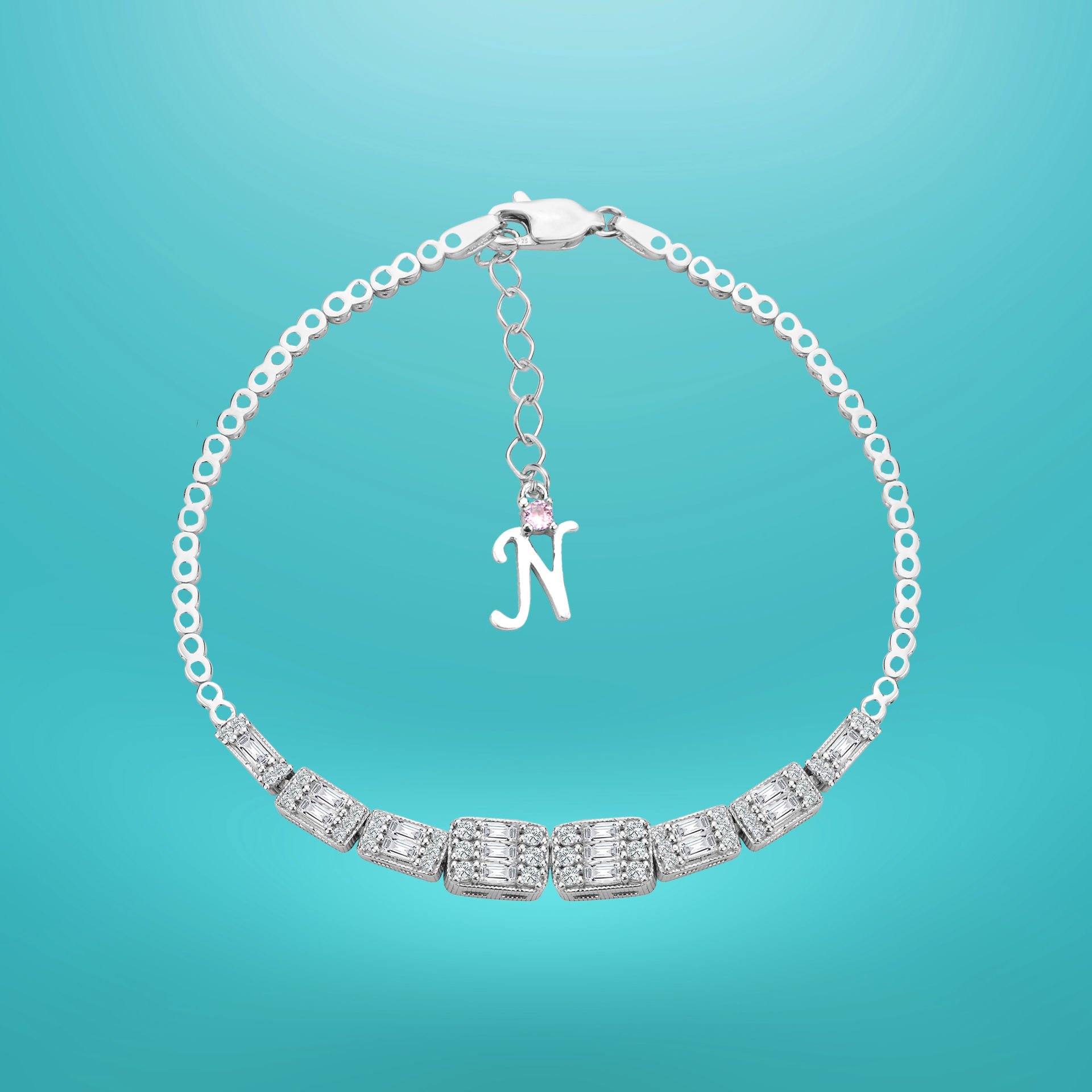 925 Ayar Gümüş Baget Taşlı Zincir Harfli Su Yolu Bileklik N