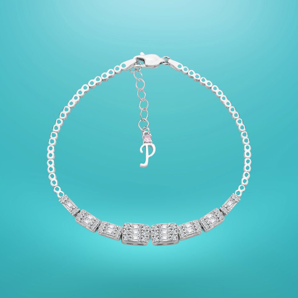 925 Ayar Gümüş Baget Taşlı Zincir Harfli Su Yolu Bileklik P