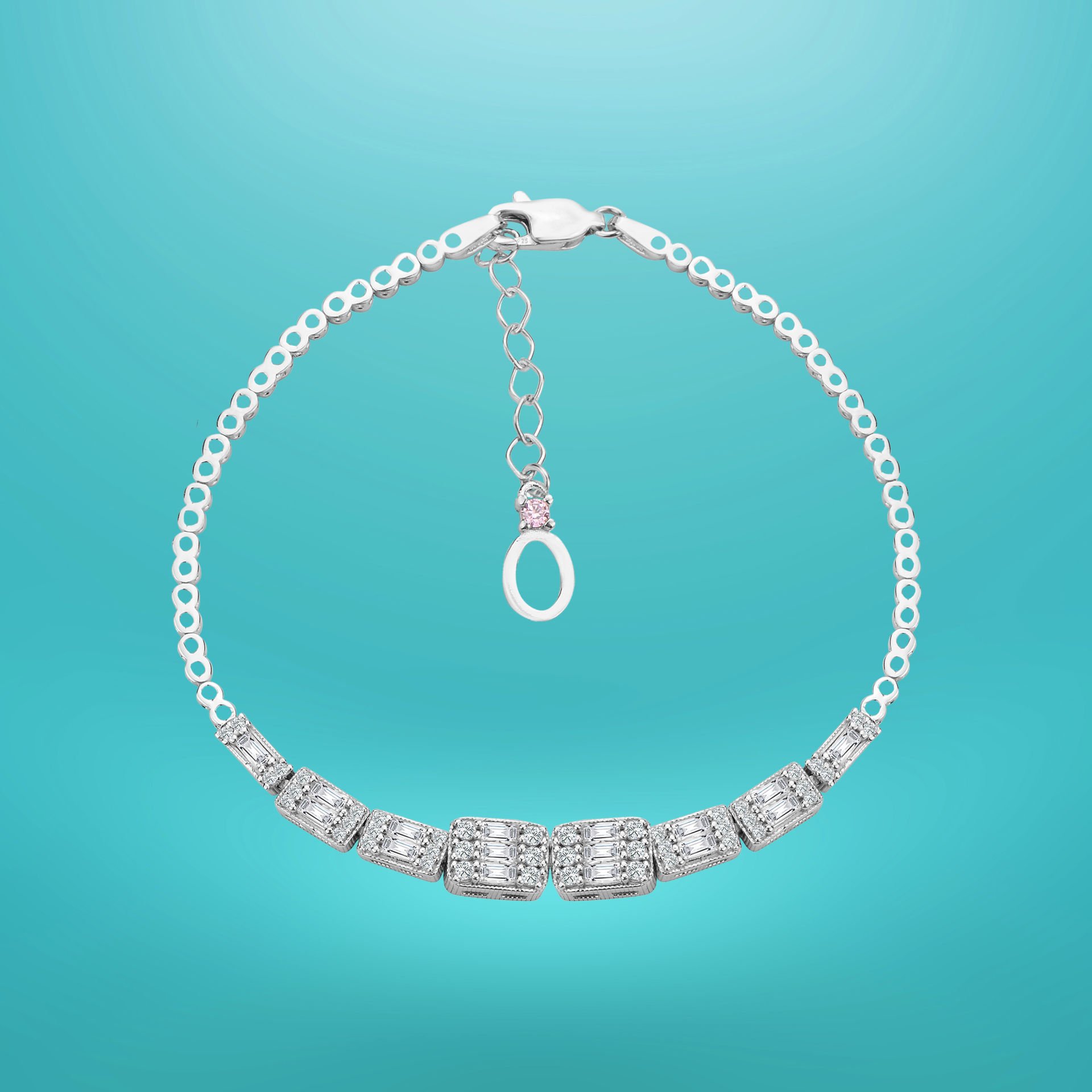 925 Ayar Gümüş Baget Taşlı Zincir Harfli Su Yolu Bileklik O