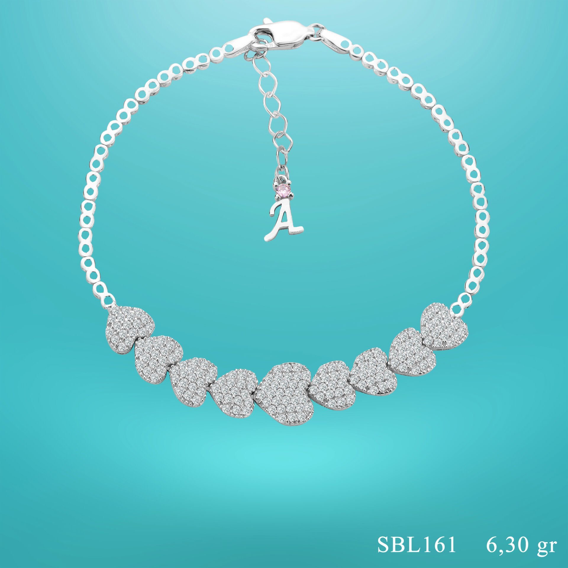 925 Ayar Gümüş Kalpli Model Zincir Harfli Su Yolu Bileklik