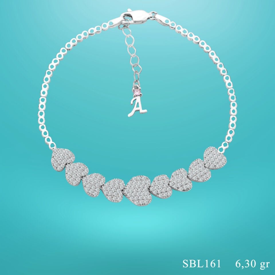 925 Ayar Gümüş Kalpli Model Zincir Harfli Su Yolu Bileklik