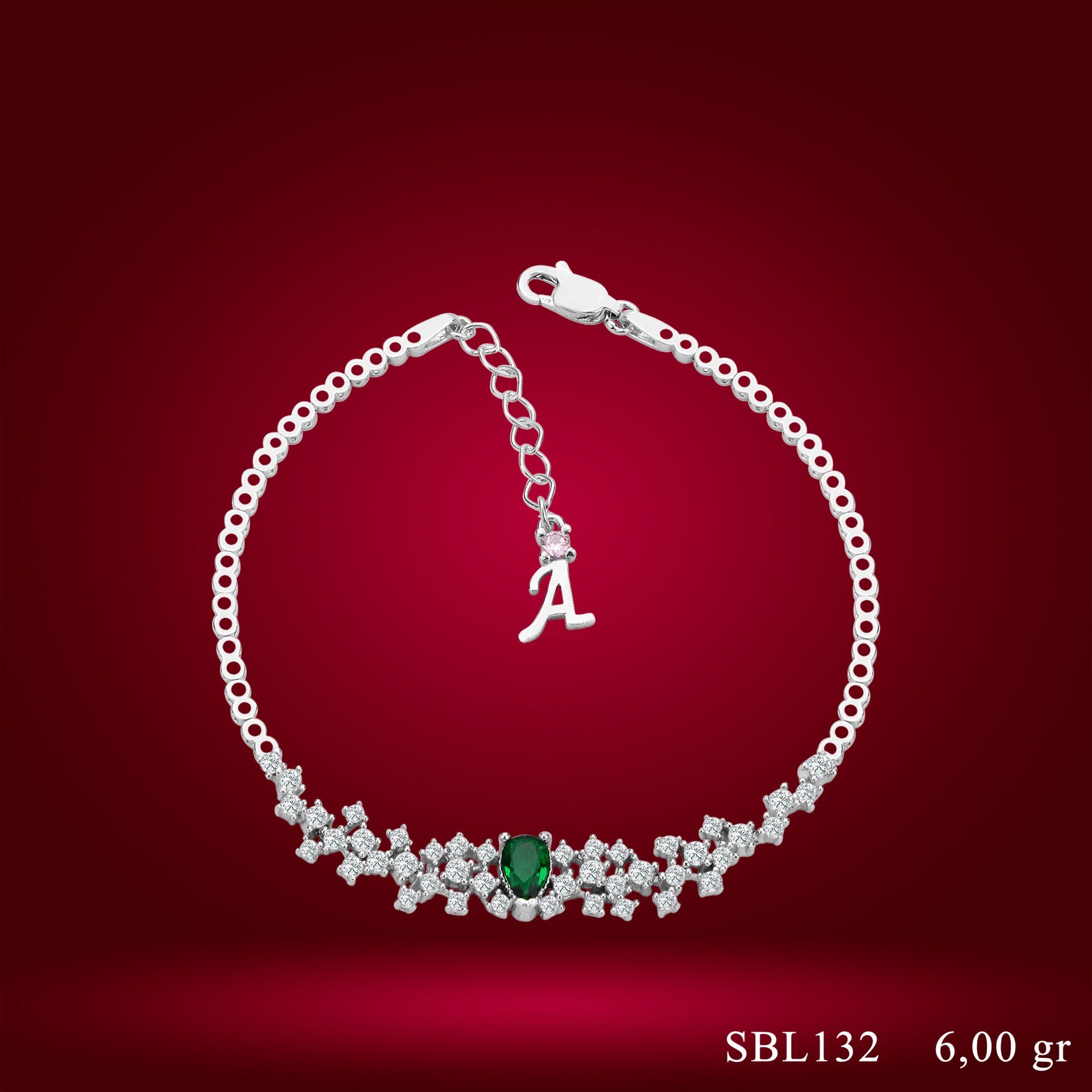 925 Ayar Gümüş Zümrüt Yeşili Damla Taşlı Zincir Harfli Su Yolu Bileklik