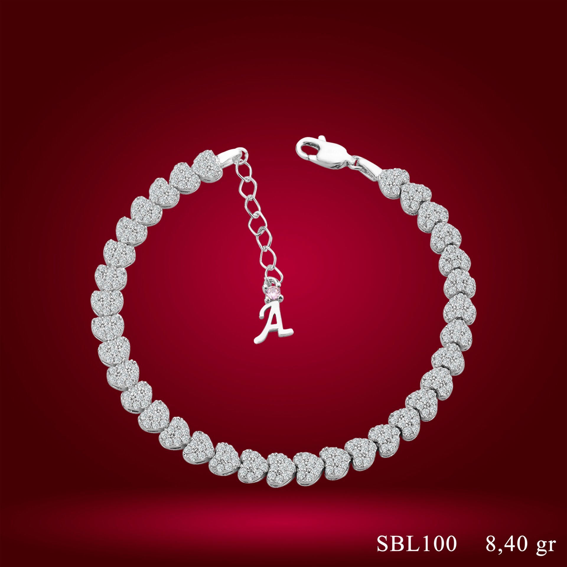 925 Ayar Gümüş Ful Kalpli Model Zincir Harfli Su Yolu Bileklik