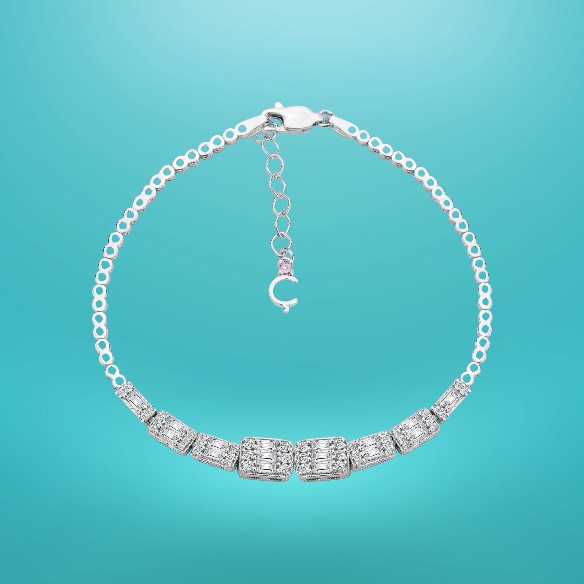 925 Ayar Gümüş Baget Taşlı Zincir Harfli Su Yolu Bileklik Ç