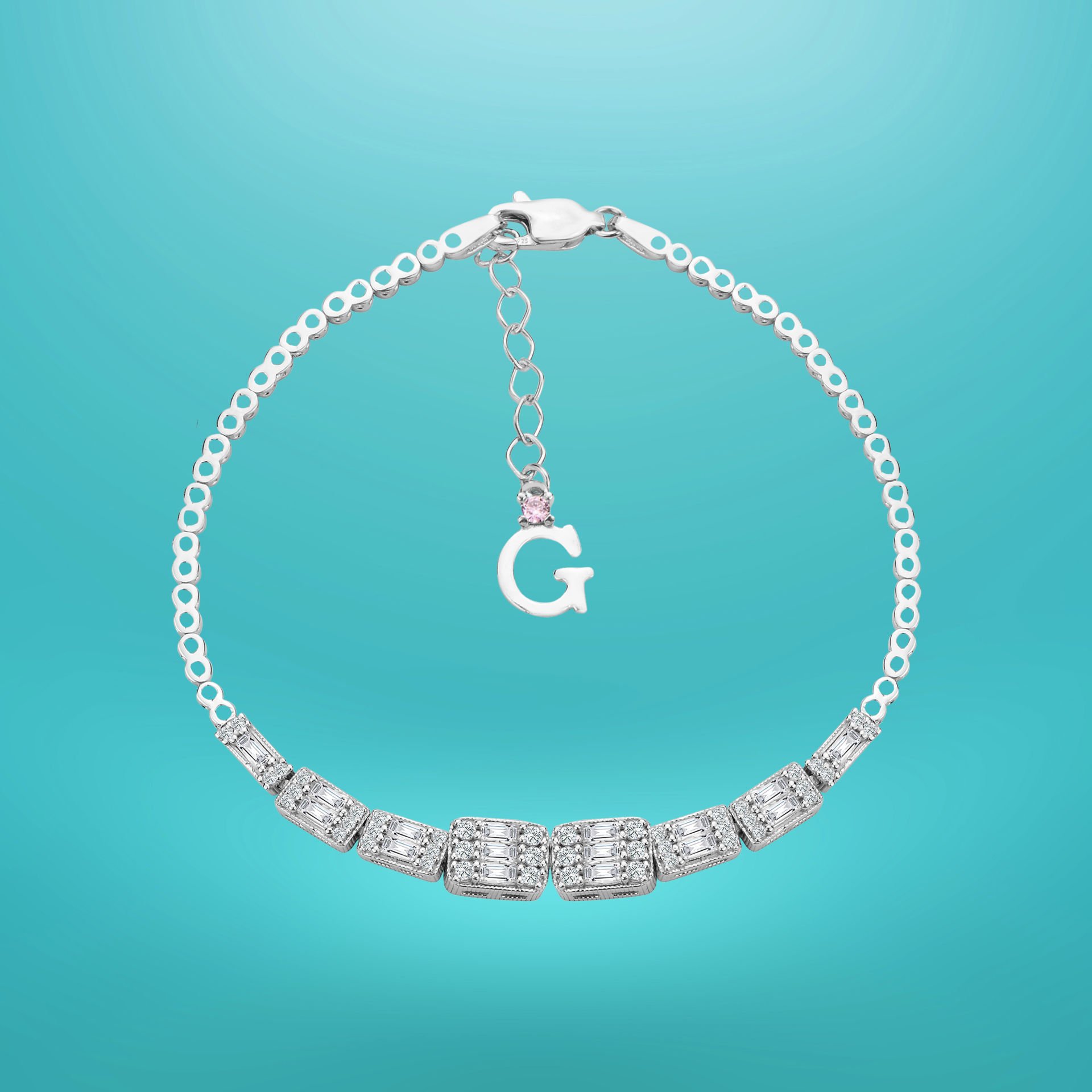 925 Ayar Gümüş Baget Taşlı Zincir Harfli Su Yolu Bileklik Ğ