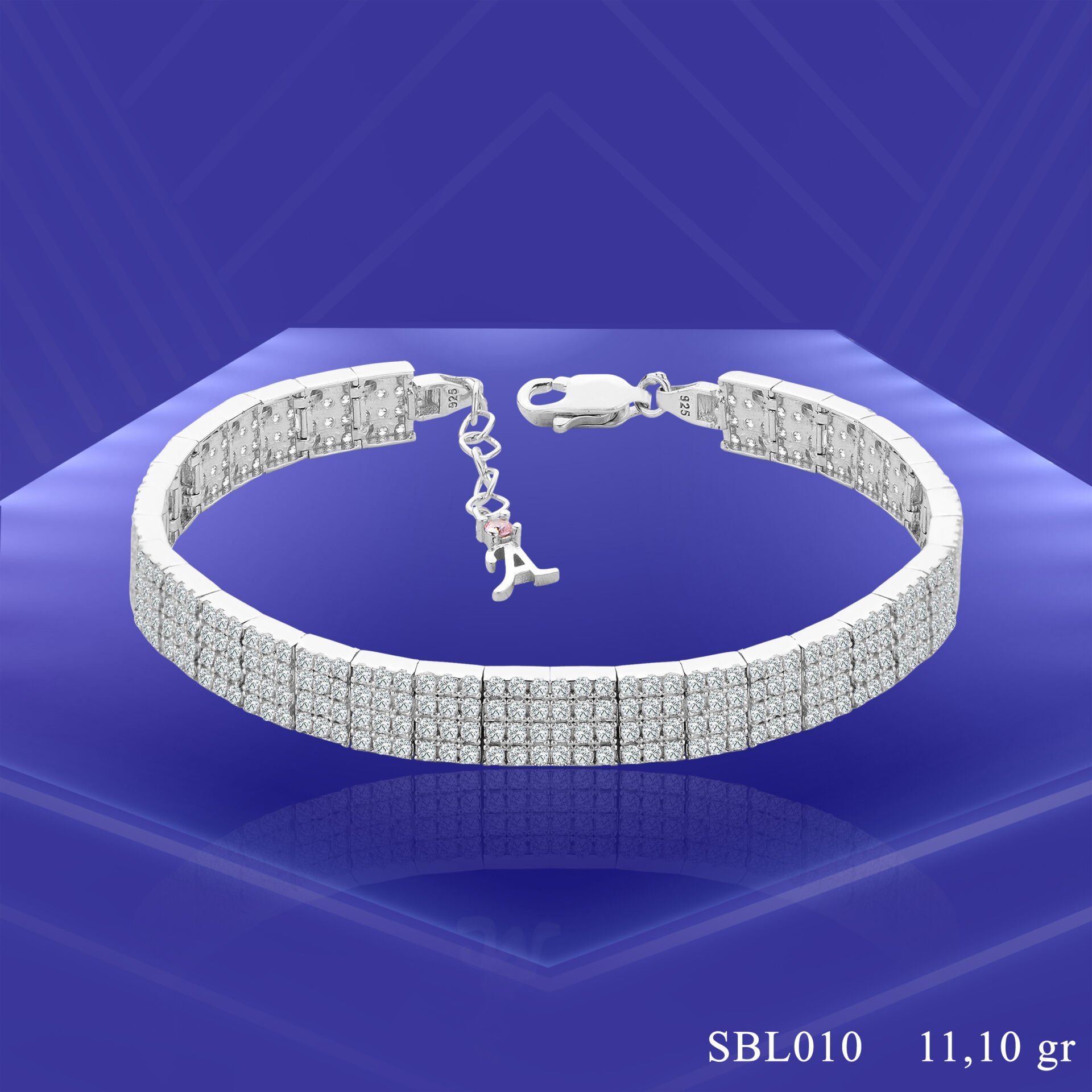 925 Ayar Gümüş 4 Sıra Ful Taşlı Zincir Harfli Su Yolu Bileklik