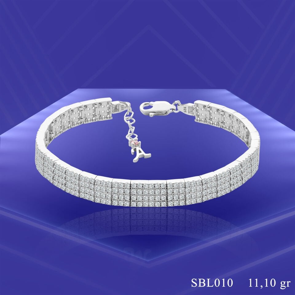 925 Ayar Gümüş 4 Sıra Ful Taşlı Zincir Harfli Su Yolu Bileklik