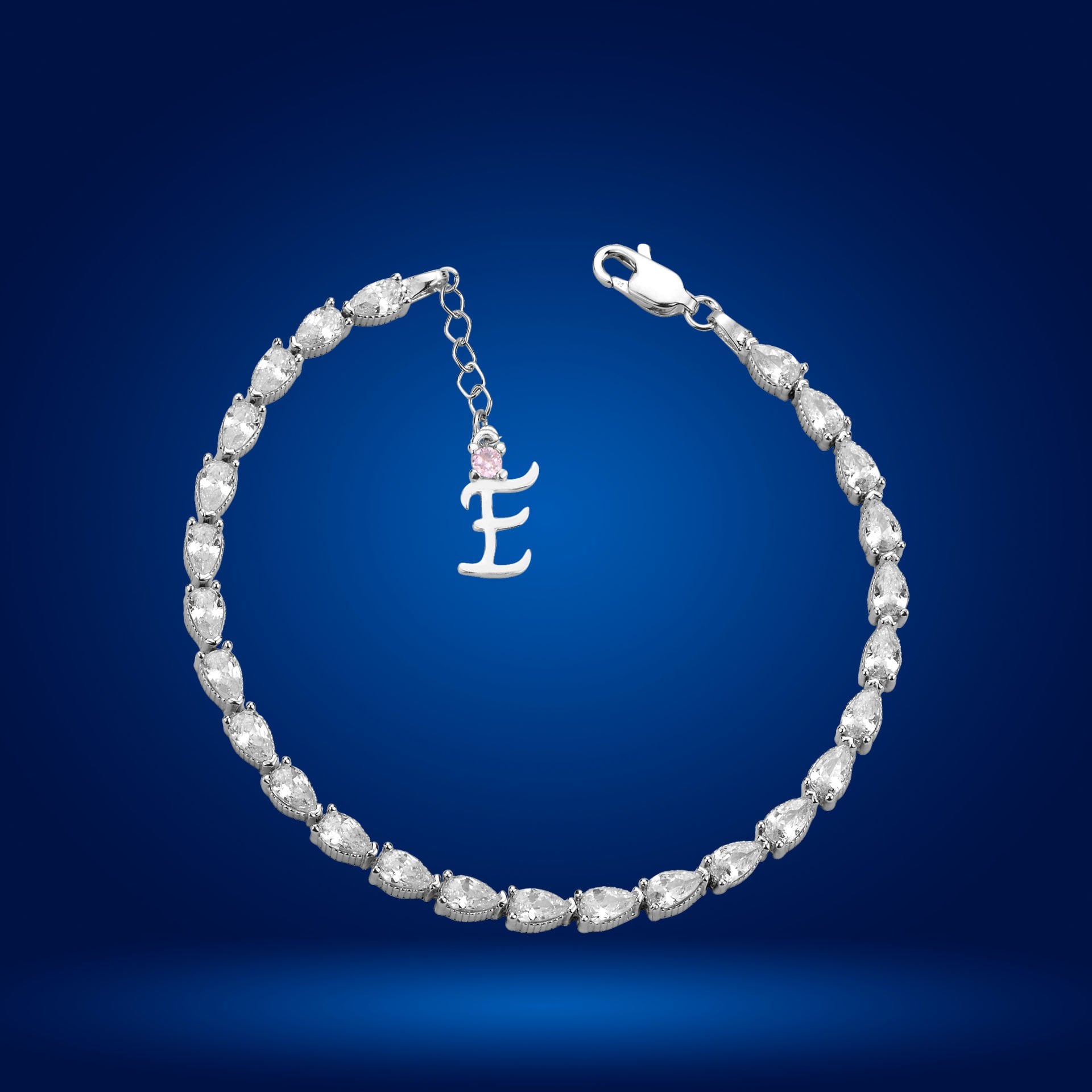 925 Ayar Gümüş Ful Damla Taşlı Zincir Harfli Su Yolu Bileklik E