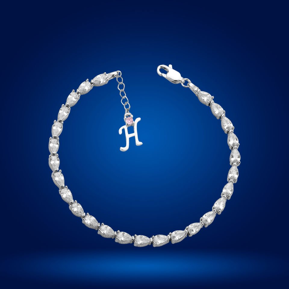 925 Ayar Gümüş Ful Damla Taşlı Zincir Harfli Su Yolu Bileklik H