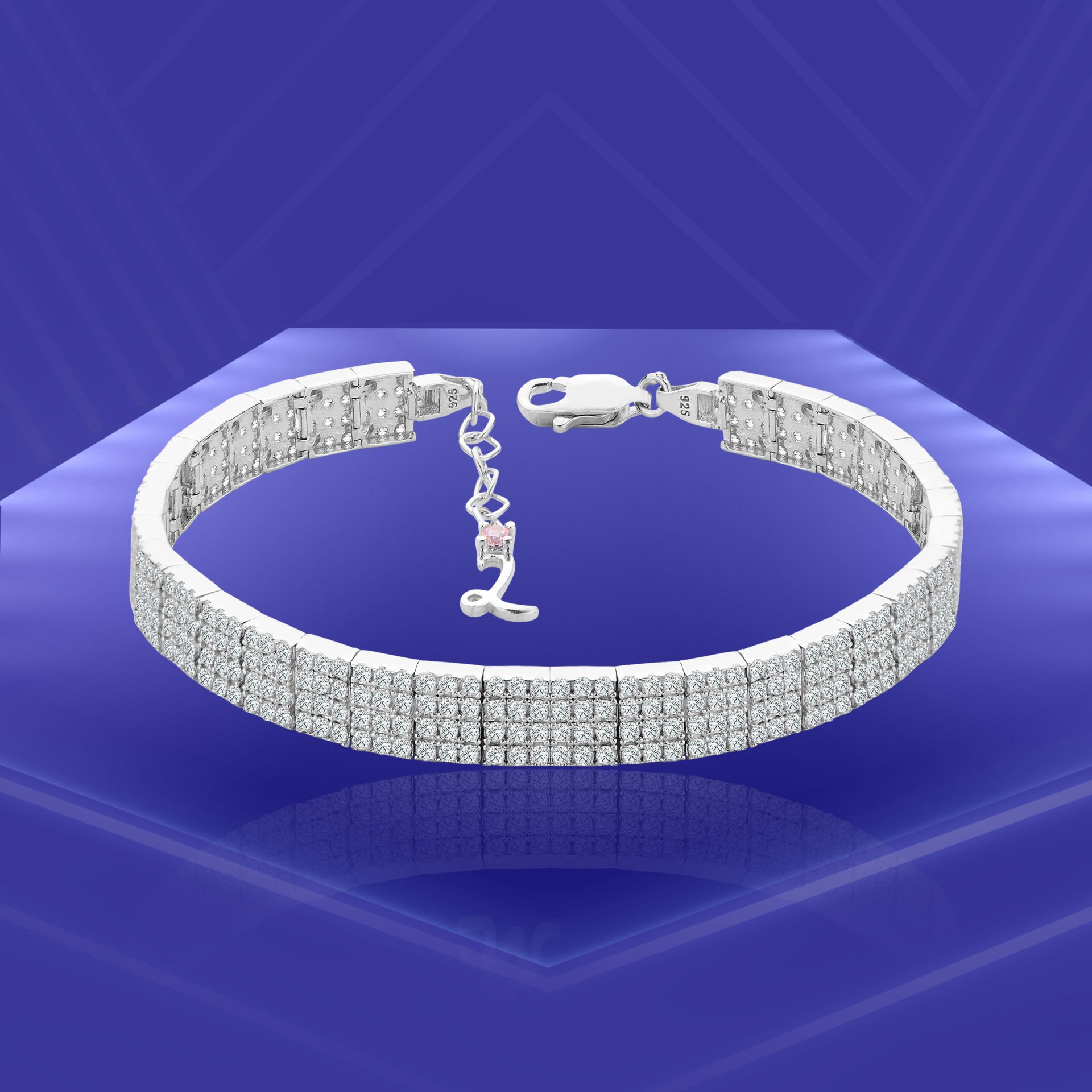 925 Ayar Gümüş 4 Sıra Ful Taşlı Zincir Harfli Su Yolu Bileklik L