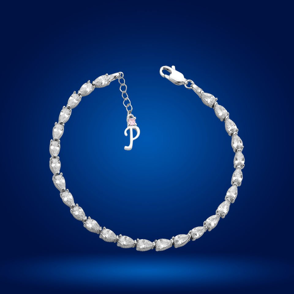 925 Ayar Gümüş Ful Damla Taşlı Zincir Harfli Su Yolu Bileklik P