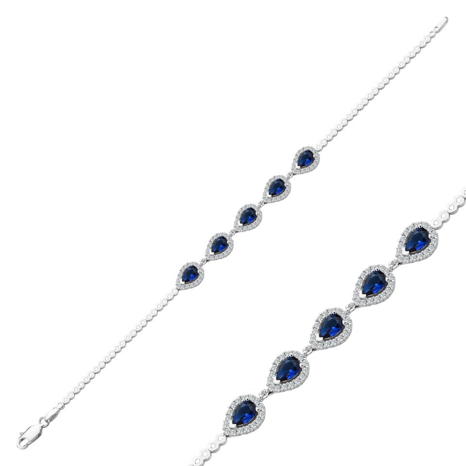 925 Ayar Gümüş Mavi Damla Taşlı Zincir Harfli Su Yolu Bileklik