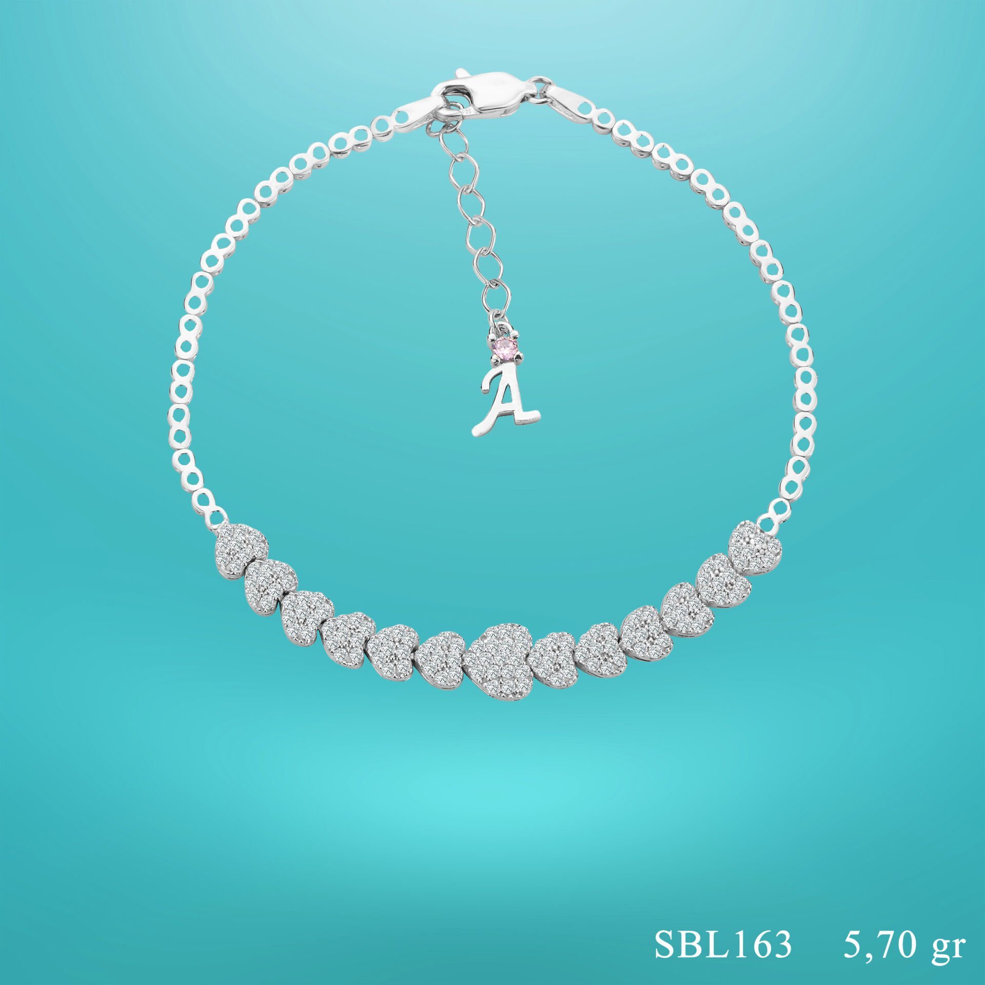 925 Ayar Gümüş Kalp Model Zincir Harfli Su Yolu Bileklik