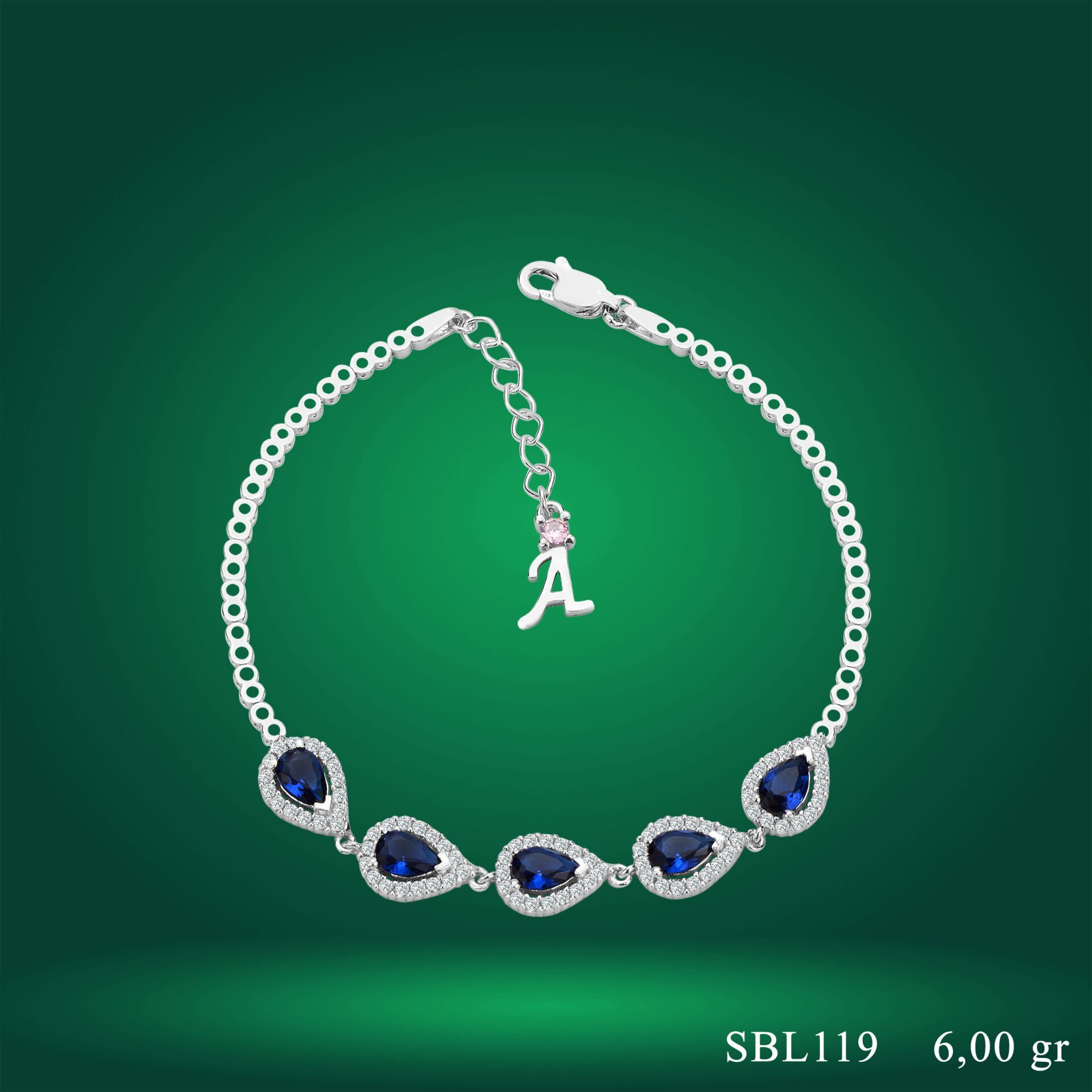 925 Ayar Gümüş Mavi Damla Taşlı Zincir Harfli Su Yolu Bileklik