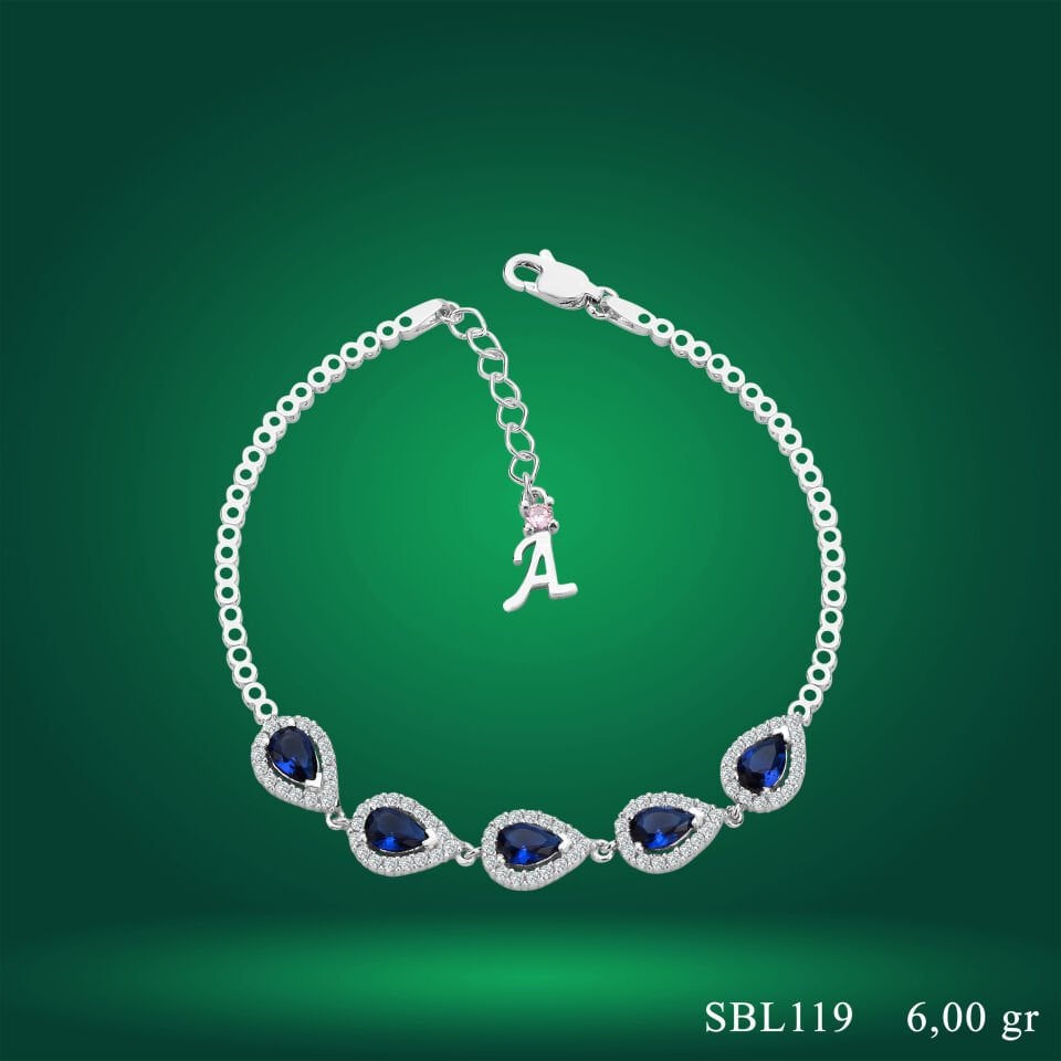 925 Ayar Gümüş Mavi Damla Taşlı Zincir Harfli Su Yolu Bileklik