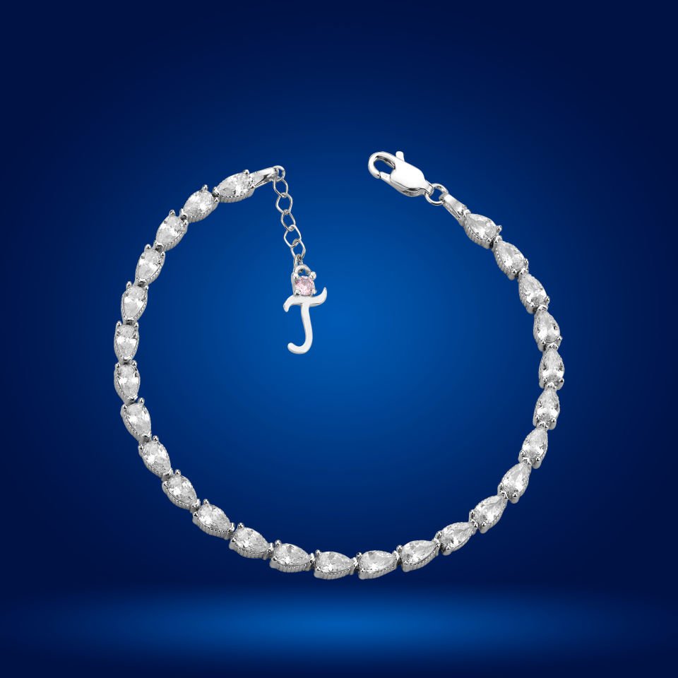 925 Ayar Gümüş Ful Damla Taşlı Zincir Harfli Su Yolu Bileklik T