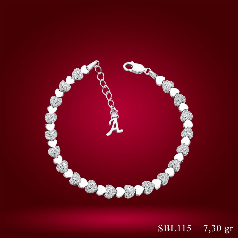 925 Ayar Gümüş Ful Kalpli Model Zincir Harfli Su Yolu Bileklik