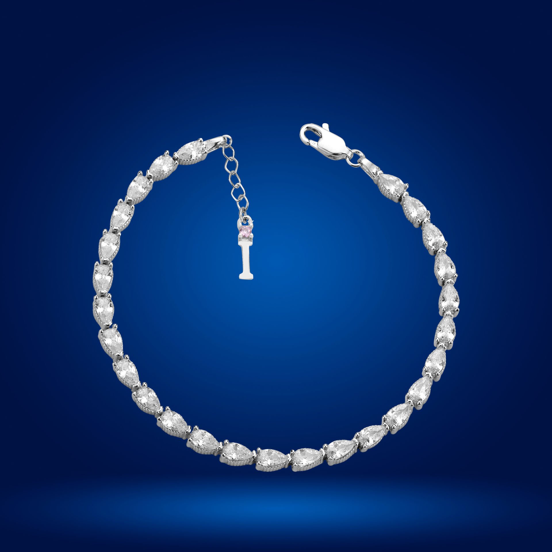 925 Ayar Gümüş Ful Damla Taşlı Zincir Harfli Su Yolu Bileklik İ