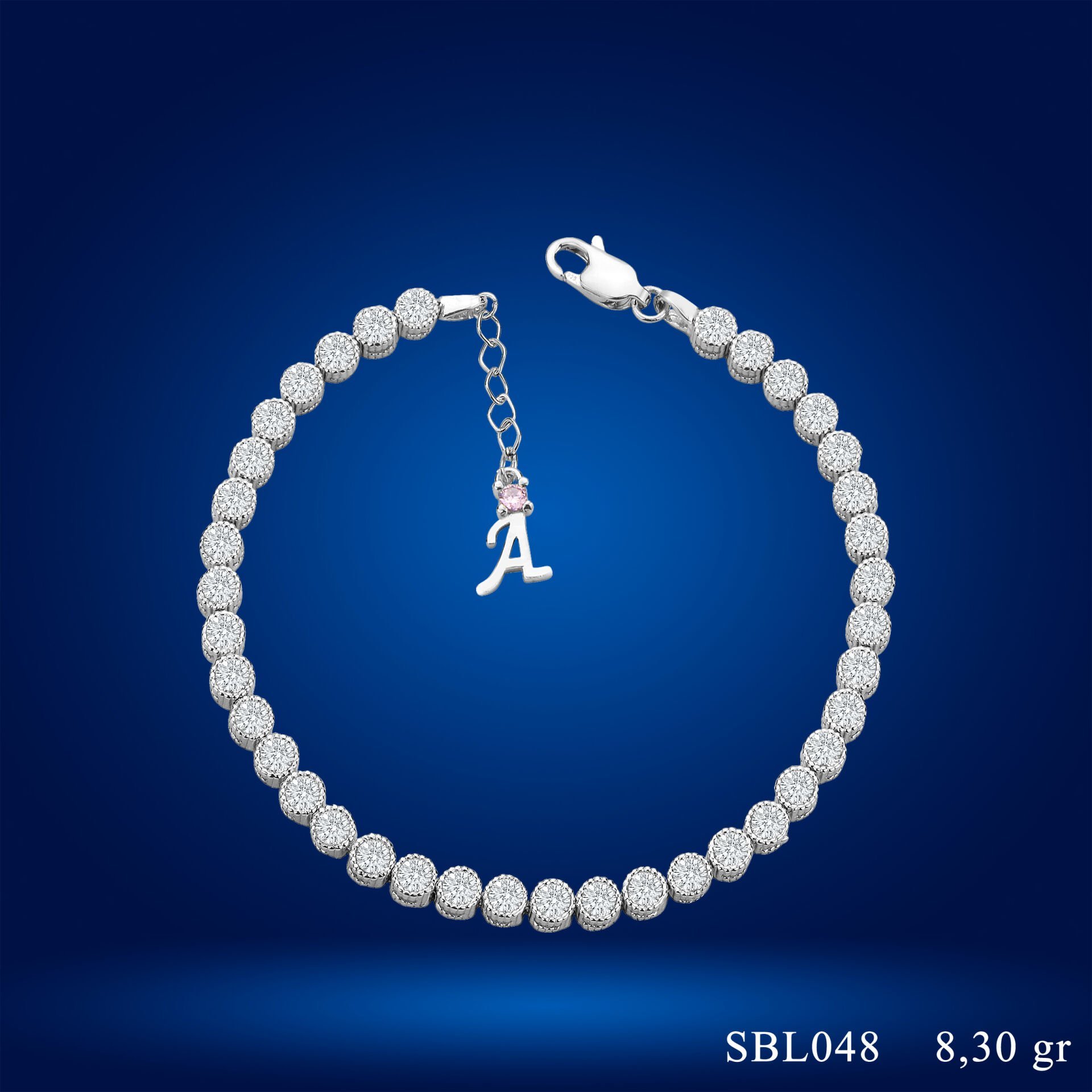 925 Ayar Gümüş 4 MM Pırlanta Taşlı Zincir Harfli Su Yolu Bileklik