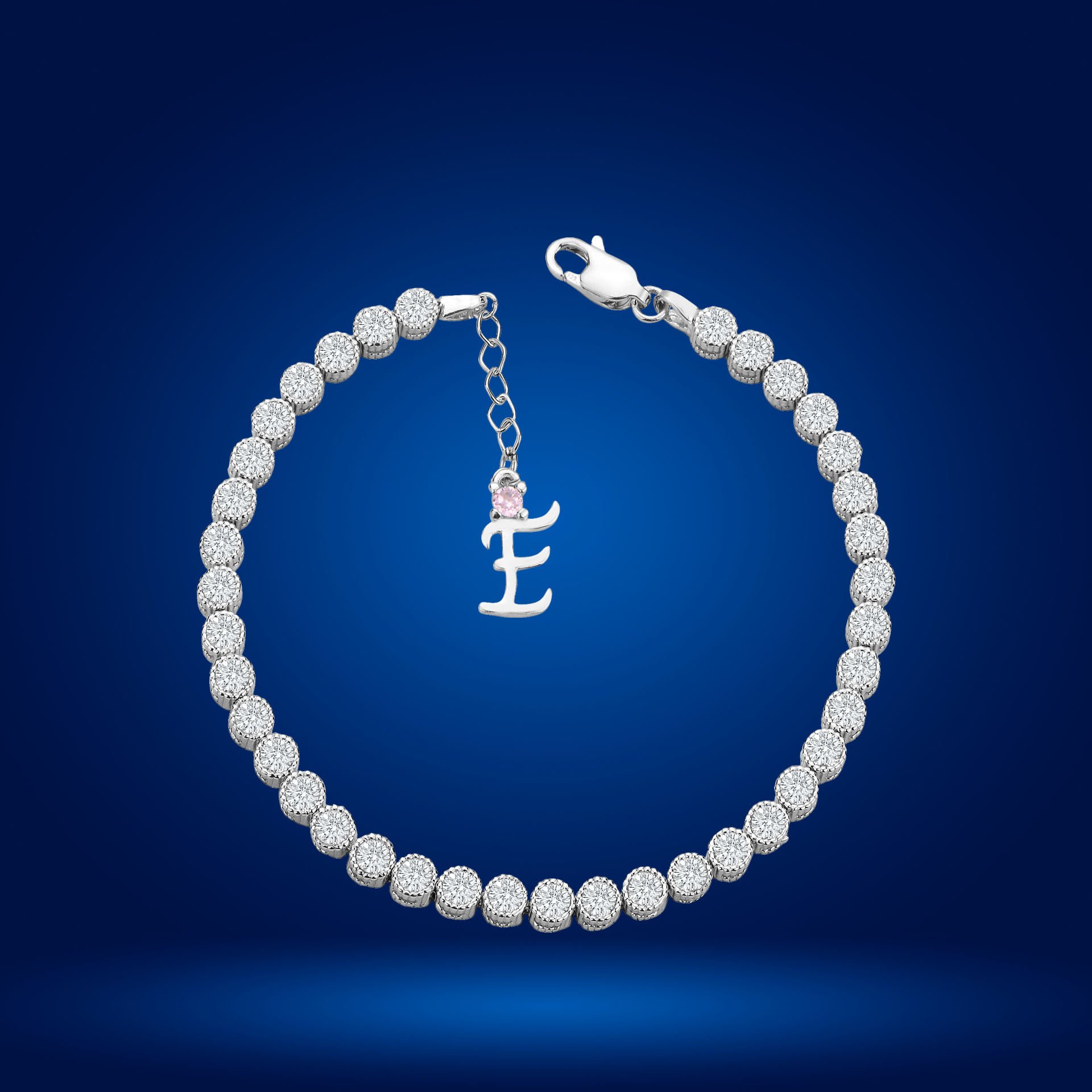 925 Ayar Gümüş 4 MM Pırlanta Taşlı Zincir Harfli Su Yolu Bileklik E