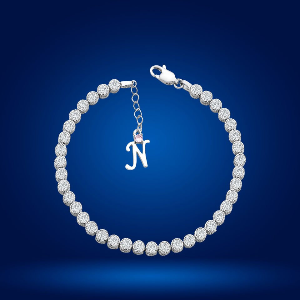 925 Ayar Gümüş 4 MM Pırlanta Taşlı Zincir Harfli Su Yolu Bileklik N