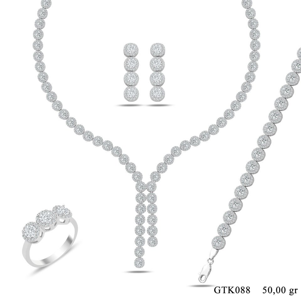 925 Ayar Gümüş 4 MM Pırlanta Taşlı Çift Salkım Su Yolu Set