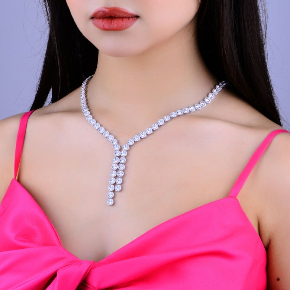 925 Ayar Gümüş 4 MM Pırlanta Taşlı Çift Salkım Su Yolu Set