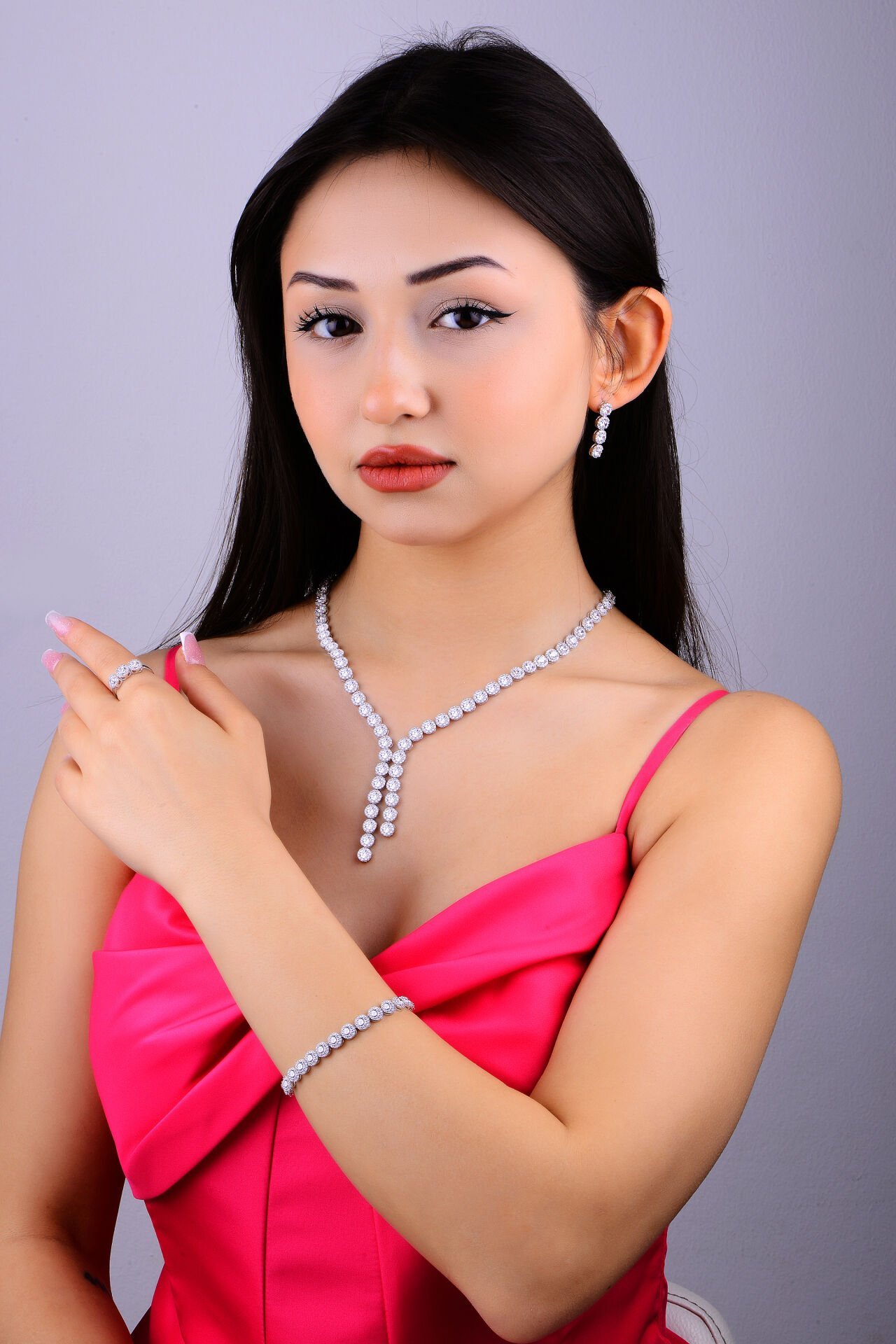 925 Ayar Gümüş 4 MM Pırlanta Taşlı Çift Salkım Su Yolu Set