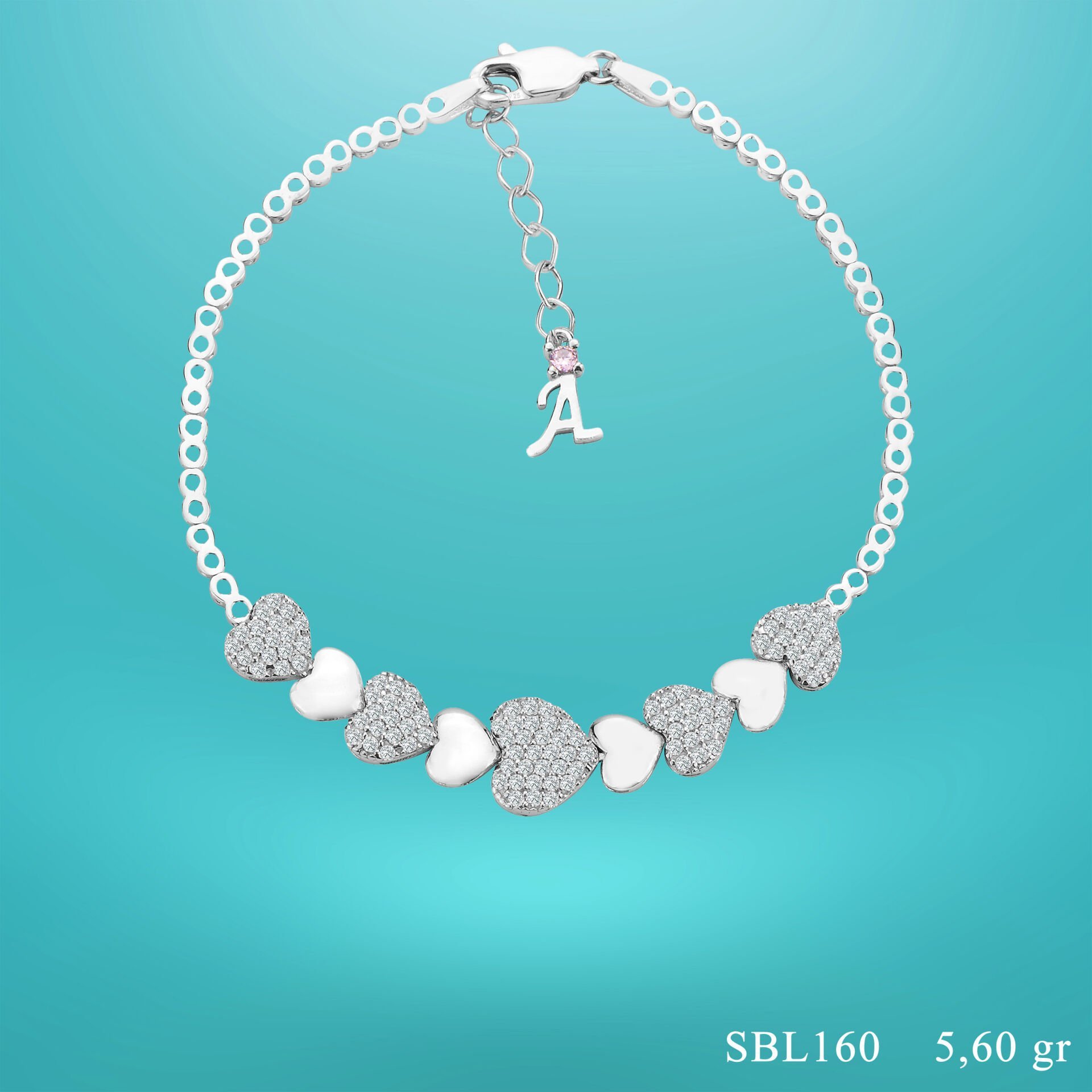 925 Ayar Gümüş Kalp Model Zincir Harfli Su Yolu Bileklik