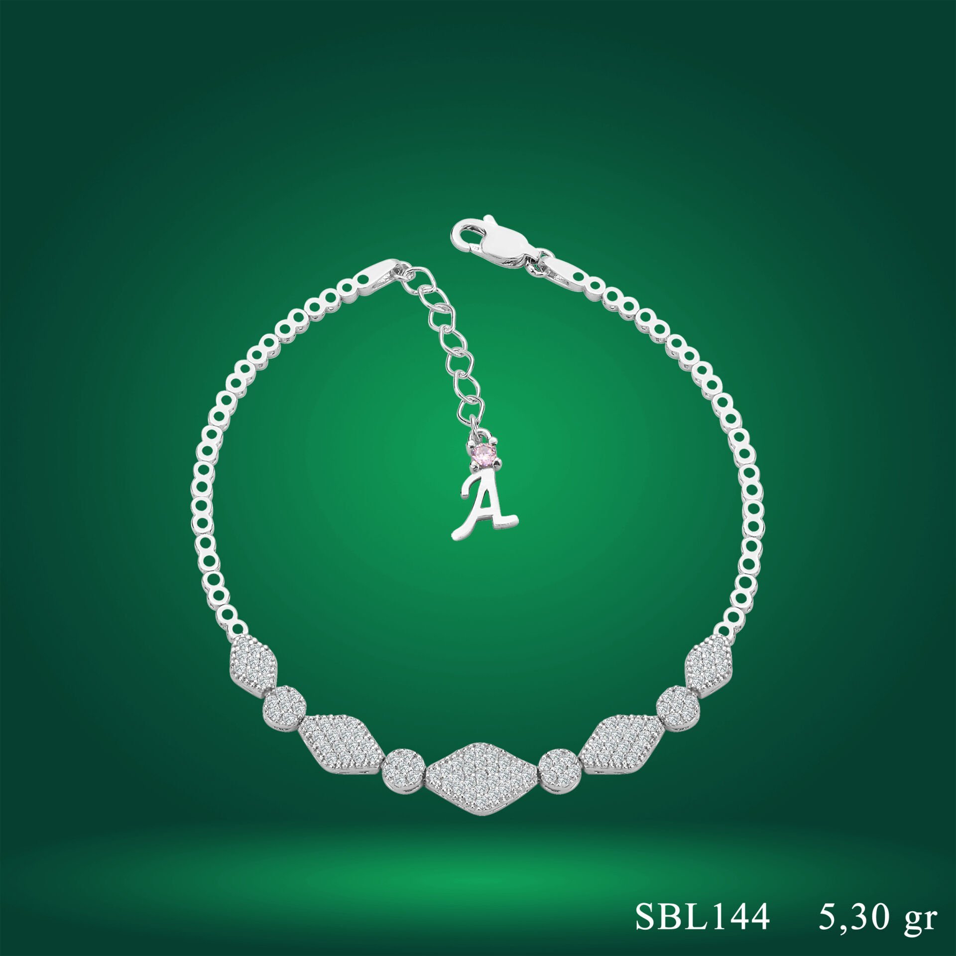 925 Ayar Gümüş Pırlanta Montür Zincir Harfli Su Yolu Bileklik