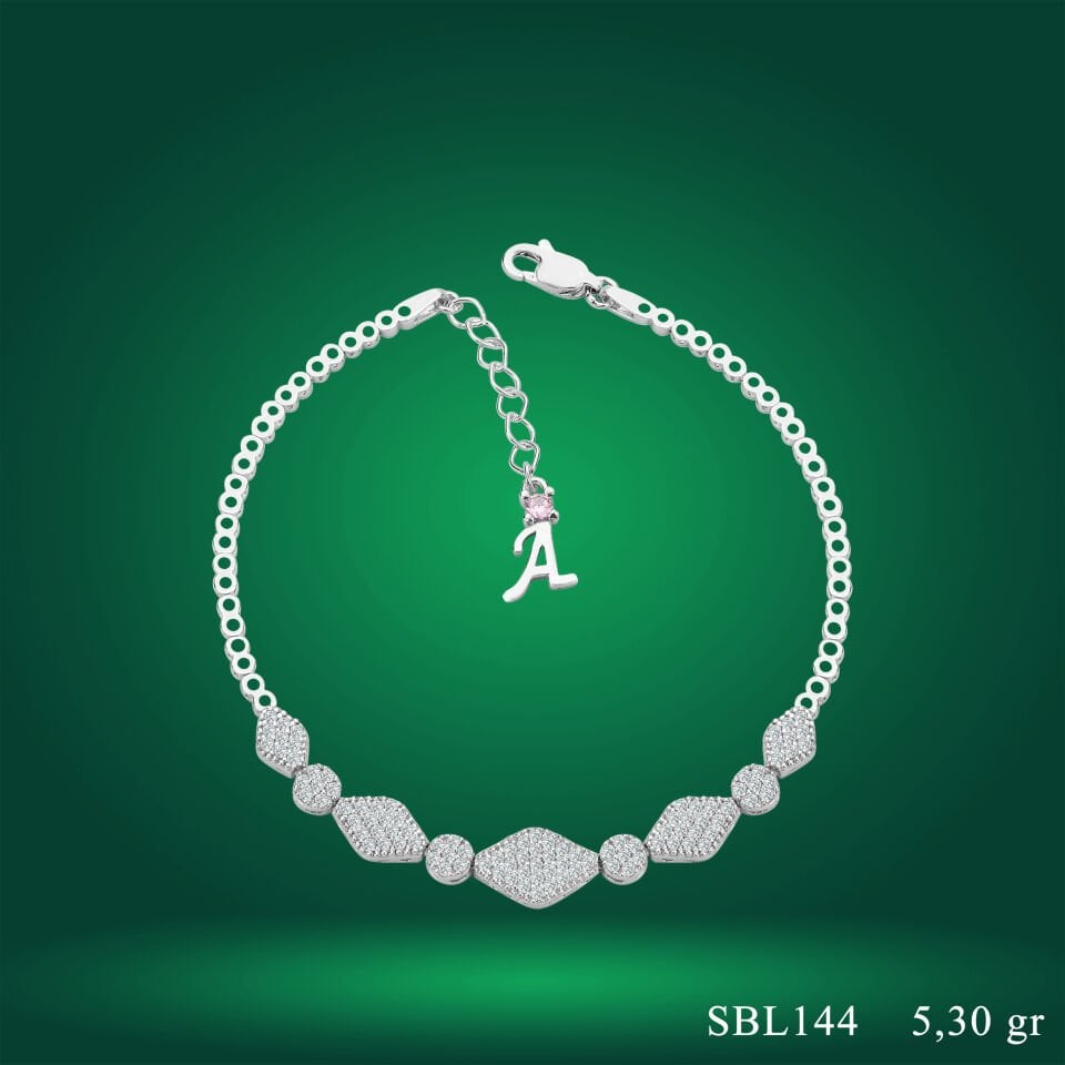 925 Ayar Gümüş Pırlanta Montür Zincir Harfli Su Yolu Bileklik