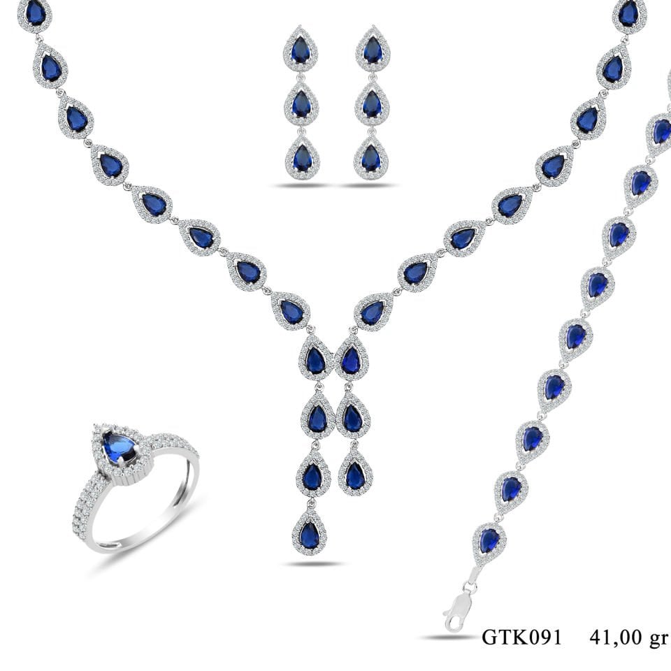 925 Ayar Gümüş Ful Mavi Damla Taşlı Çift Salkım Su Yolu Set