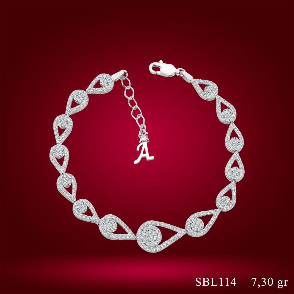 925 Ayar Gümüş Ful Damla Model Zincir Harfli Su Yolu Bileklik