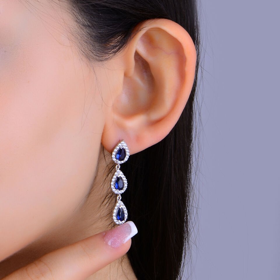 925 Ayar Gümüş Ful Mavi Damla Taşlı Çift Salkım Su Yolu Set