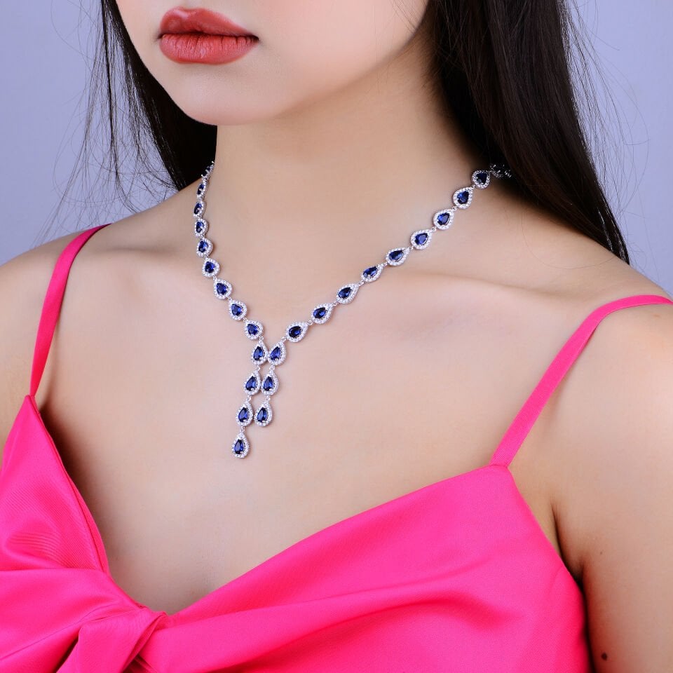 925 Ayar Gümüş Ful Mavi Damla Taşlı Çift Salkım Su Yolu Set